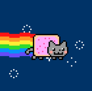 Cartoon of nyan cat, a gray cat with an iced pink poptart body, flying through the stars with a rainbow trailing behind it